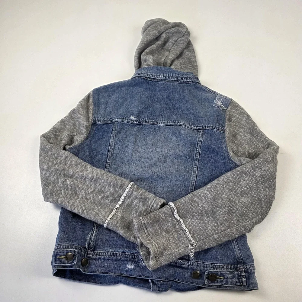 Free People Jacket Womens Large Blue Denim Hooded Sweatshirt Sleeve Button Front - Picture 11 of 13